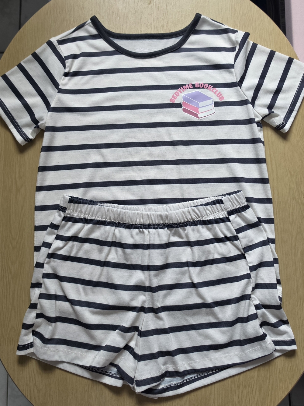 Cat & Jack Navy and White Striped Pajama Set with Pink & Purple Book Graphic